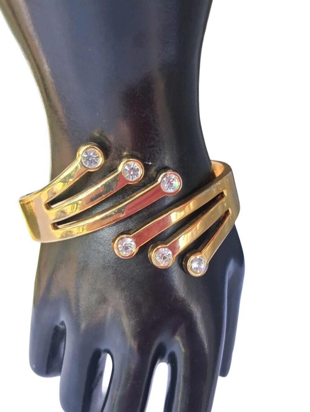 Vintage Gold Tone Rhinestone Bypass Clamper Hinged Cuff Bracelet Statement